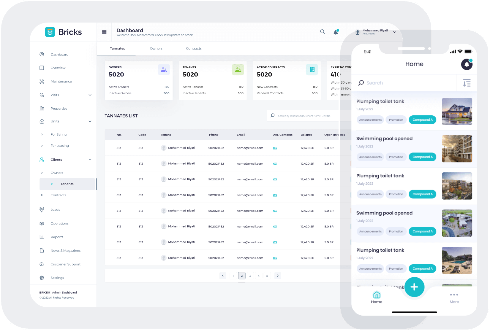 dashboard of Bricks Property Management System